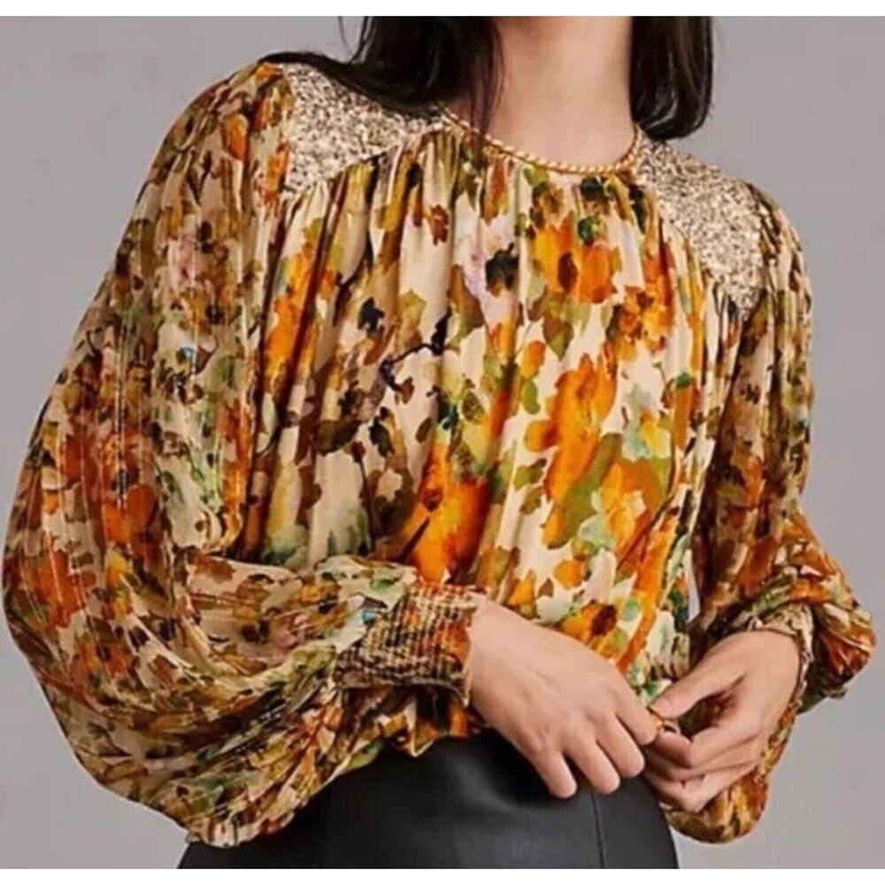 Bl^nk London Anthropologie Sequin Embellished Small Yellow Gold Blouse Floral